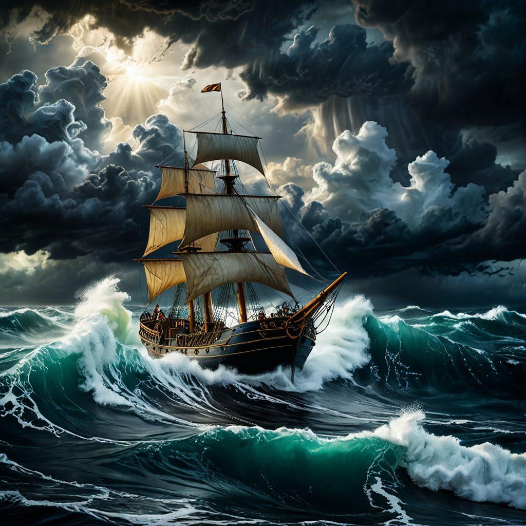 A stormy sea with turbulent waves and a sturdy ship navigating through it, symbolizing a chaotic relationship. The ship has two people holding hands, representing unity and support. Overhead, there are dark storm clouds with a bit of sunlight breaking through, symbolizing hope and guidance amidst chaos. Digital painting. dynamic contrast. 3D effect.
