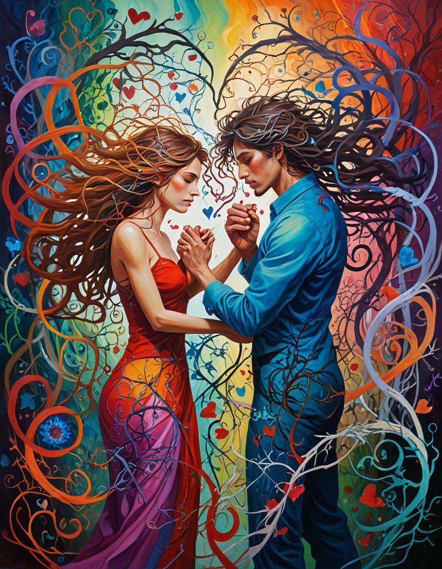 An abstract, dreamlike scene with swirling, vibrant colors representing chaos; in the center, two figures holding hands, their faces alight with passion and devotion amidst the turmoil. Fractured hearts and tangled vines surround them to symbolize the anarchy of relationships. painting. vibrant colors. dreamlike.