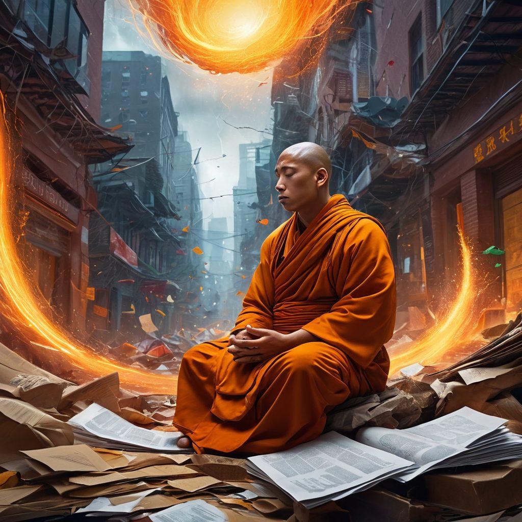 A serene monk meditating in the eye of a chaotic storm, surrounded by swirling gusts and flying debris, embodying tranquility and devotion. The background depicts a whirlwind of office papers, digital screens, and city elements, illustrating the pandemonium of modern life. Make the monk glow with an inner light to signify unwavering passion. painting. vibrant colors.
